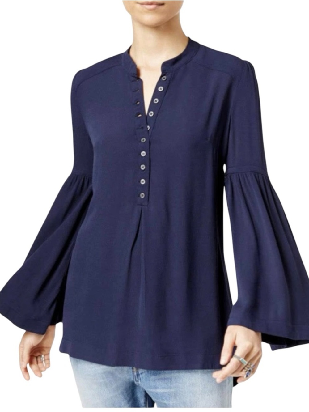 Free People Easy Girl Bell Sleeve Tunic Top Blouse Navy Rayon Women’s size XS
